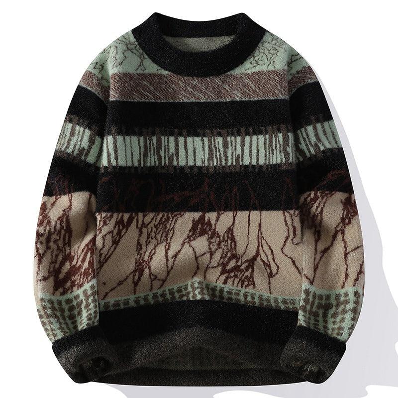 Men's knitted pullover with round neck, long sleeves, dark green and brown patterned stripes
