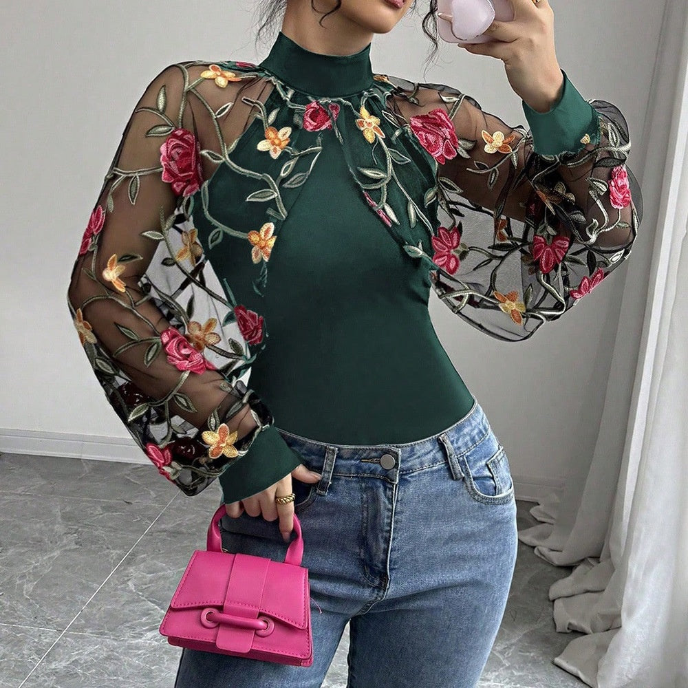 Dark green t-shirt with sheer lace long sleeves and floral embroidery, high neck