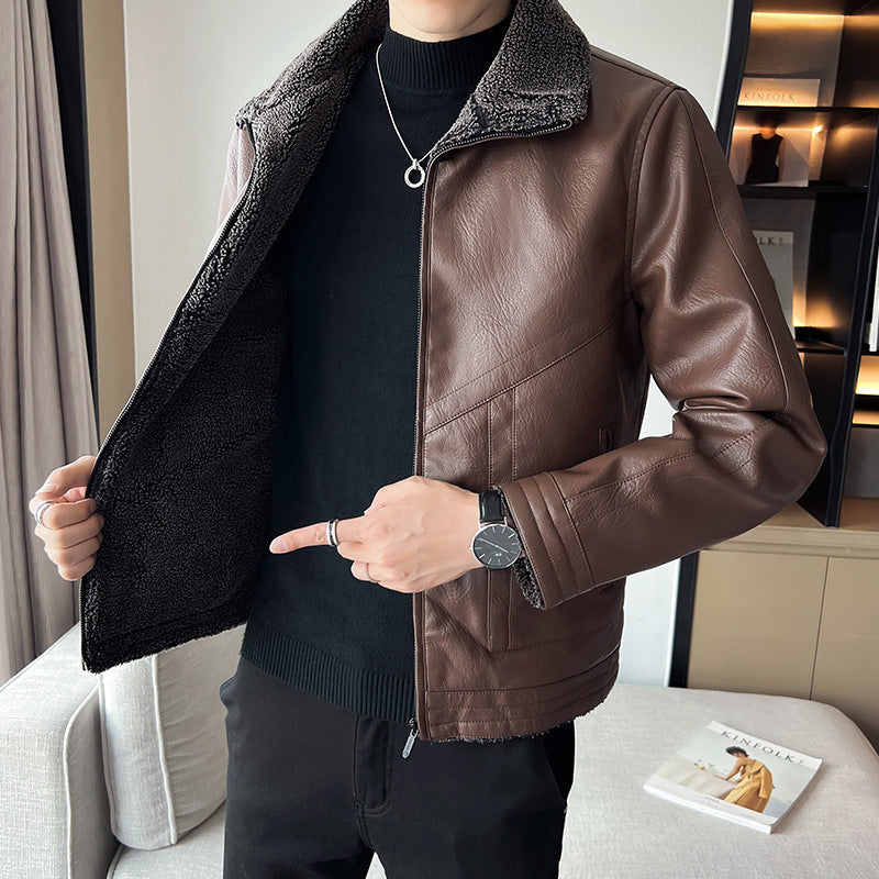 Hong Kong Style Velvet Padded Plus Size Men's Leather Jackets - WOMONA.COM