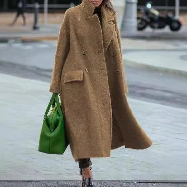 Long camel wool coat with button front, standing collar, and flap side pockets