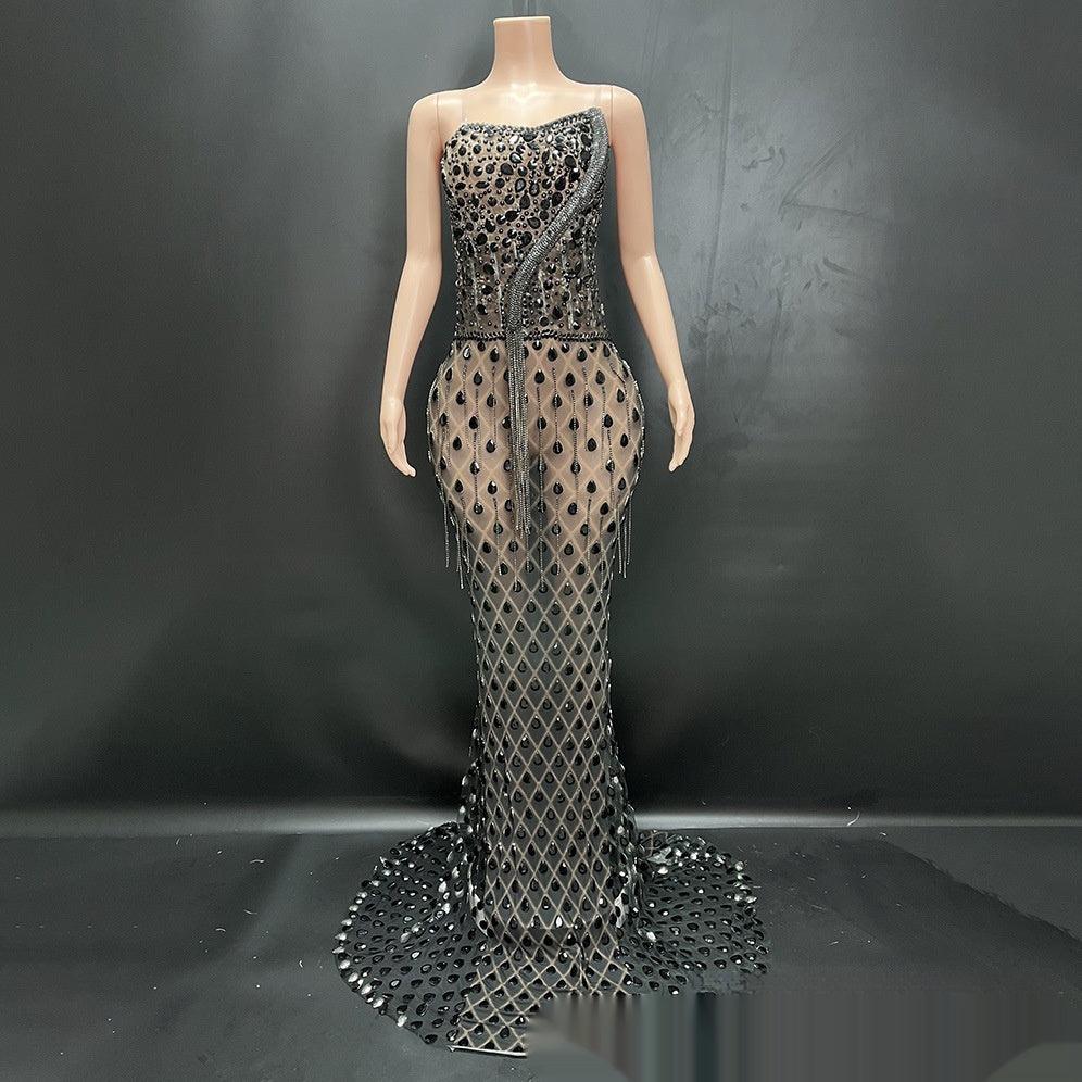 Rhinestone strapless fishtail gown in black with diamond-pattern detailing and flare hem.