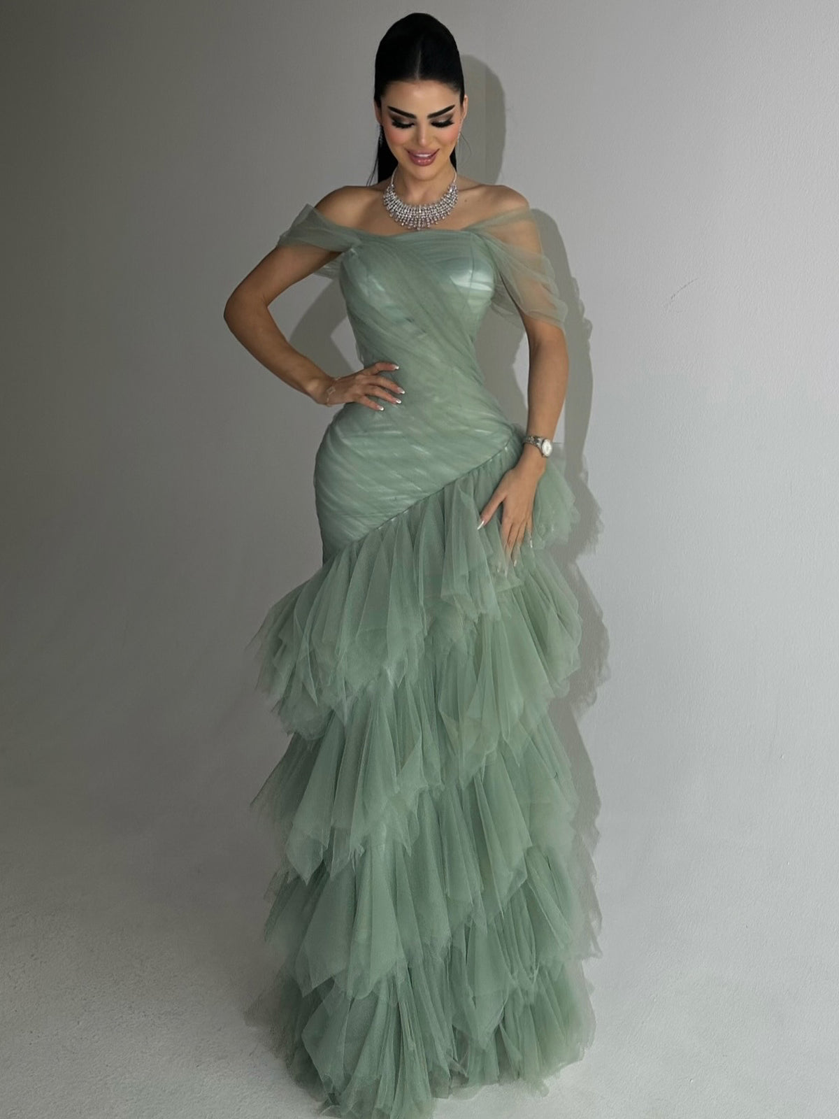 Light Green Strapless Mermaid Dress With Layered Tulle Skirt