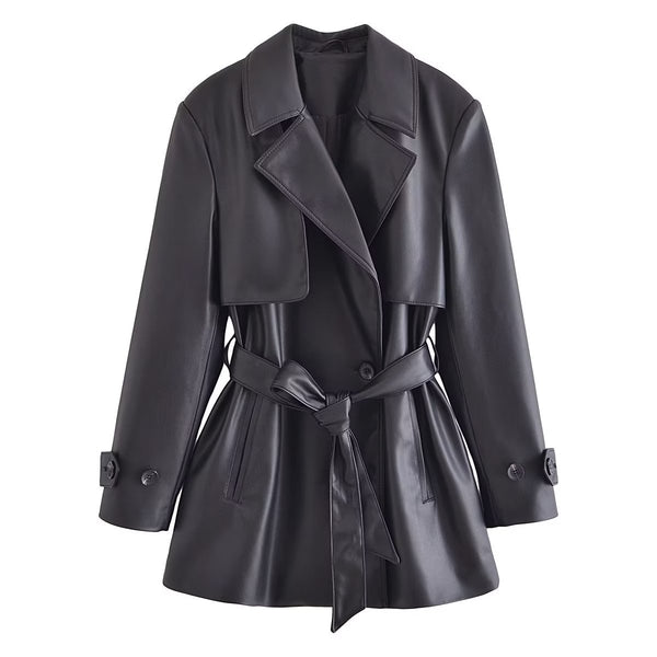 Slightly Mature Imitation Leather Short Trench Coat - WOMONA.COM