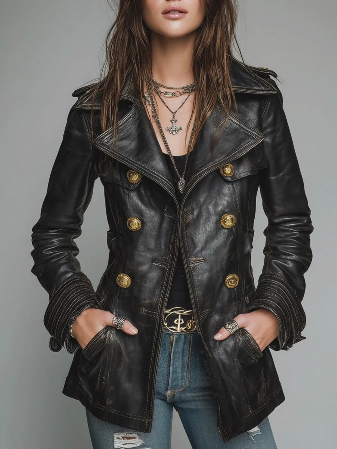 Women's Vintage Black Leather Biker Jacket