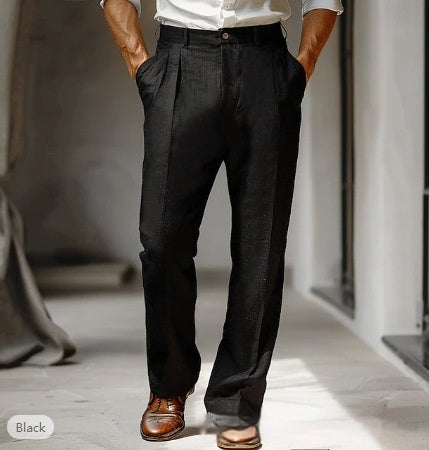Men's double-pleated front pocket trousers, solid black, straight legs, button closure