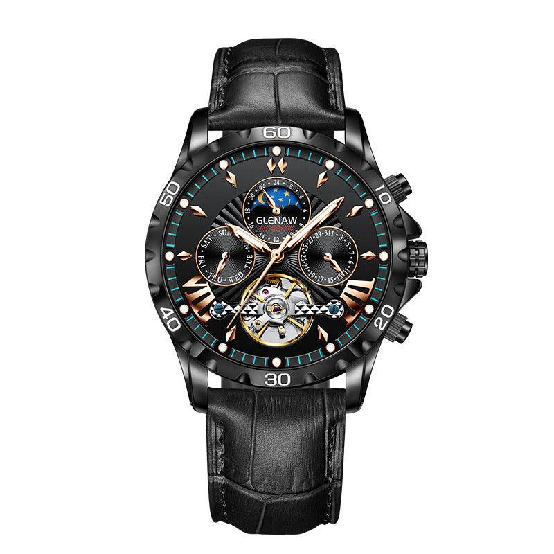 Men's fashion watch with black leather strap, silver case, black dial with blue ring markers