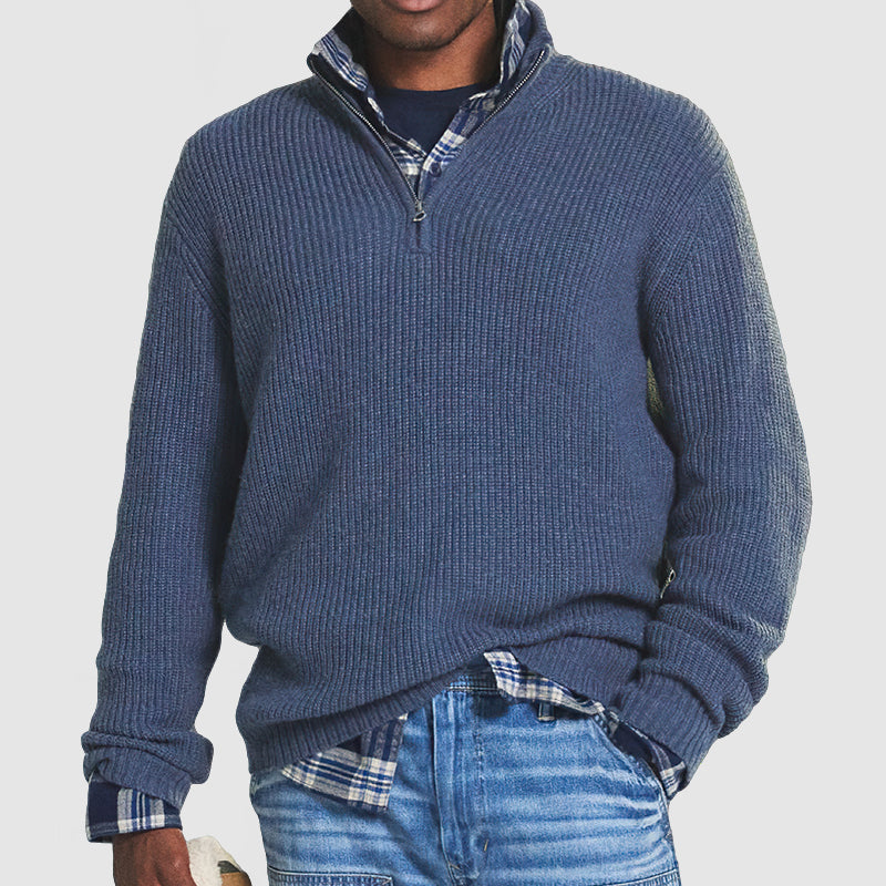 Men's Cotton-Blend Relaxed Quarter-Zip Sweater, Blue - product view 4