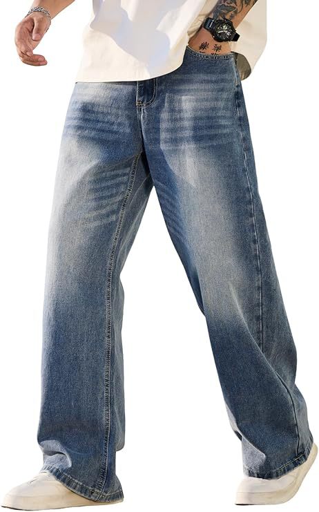Men's straight-leg jeans in light blue denim wash, relaxed fit, wide leg silhouette