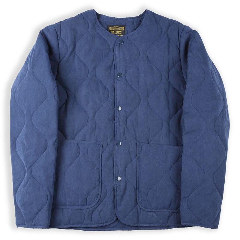 Men's quilted padded cotton coat in blue, button front, two flap pockets