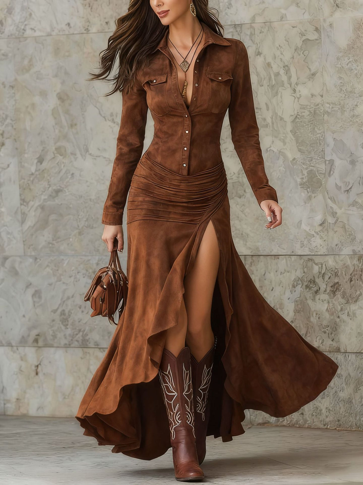 Women's lapel button-front suede-look maxi dress