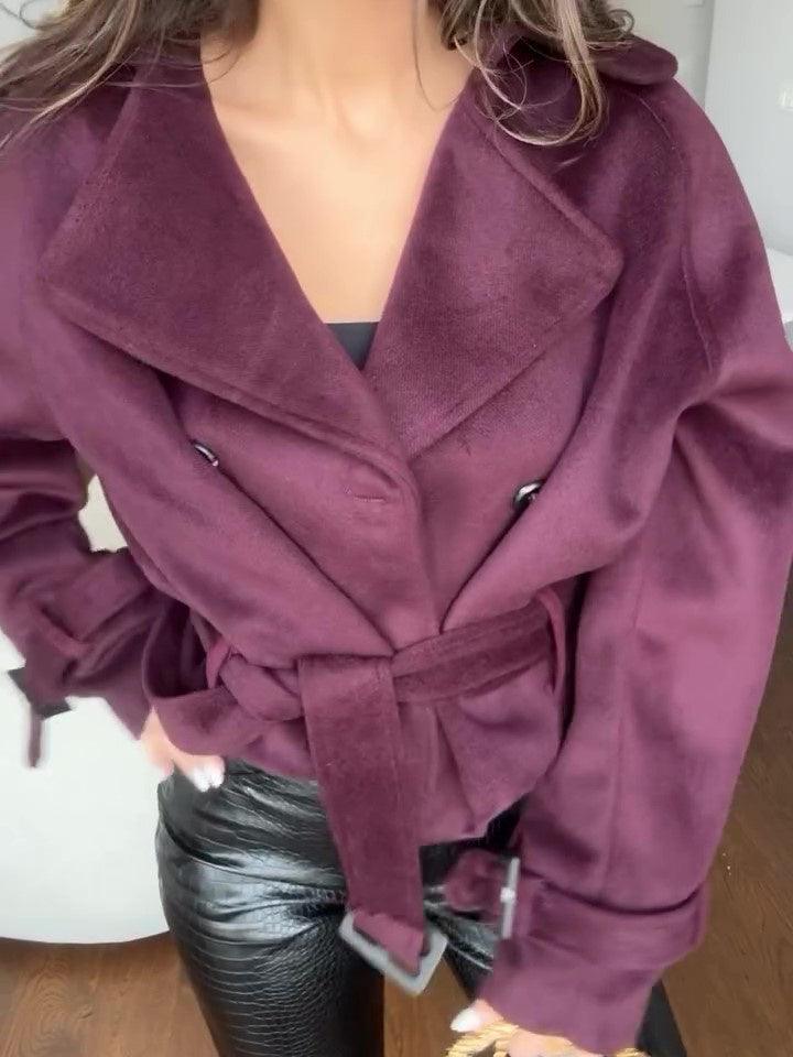 Claret suede jacket with lapel V-neck, lace-up tie waist, long sleeves, metal buttons