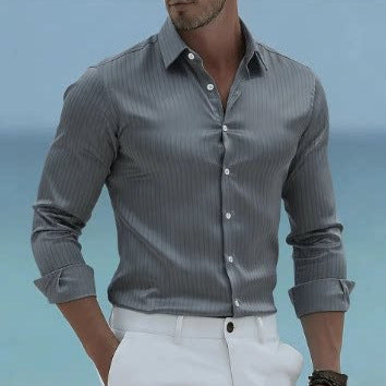 Men's striped long-sleeve shirt in dark gray, button-front collar