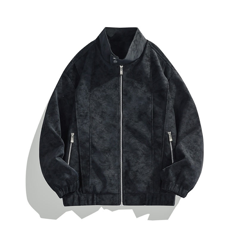 Men's biker-style jacket in black with stand collar, full zip, side zippers, ribbed cuffs