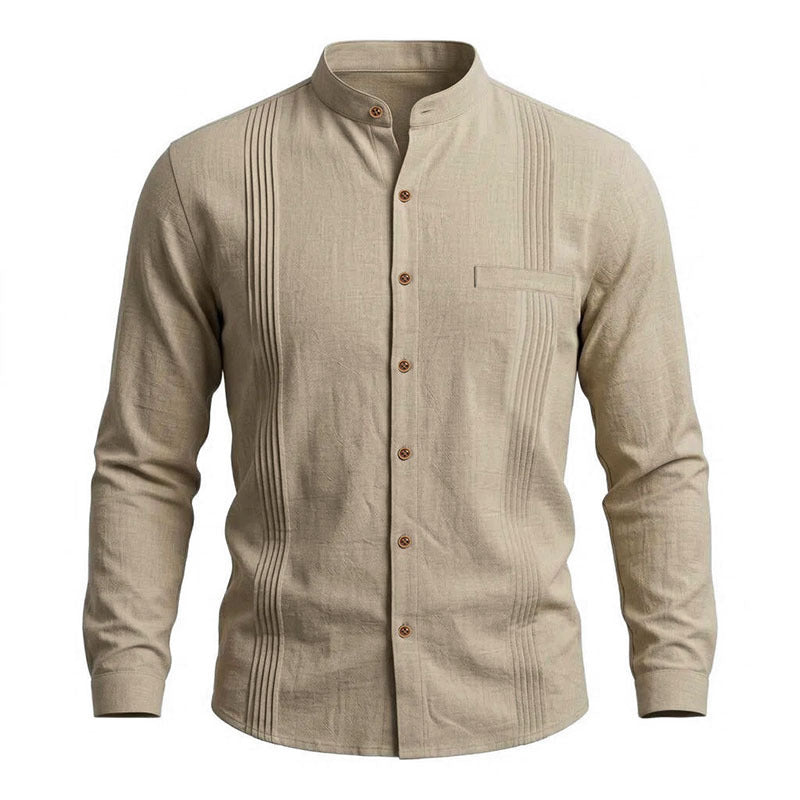 Khaki front view stand-collar button-up shirt with vertical pleat, long sleeves, chest pocket