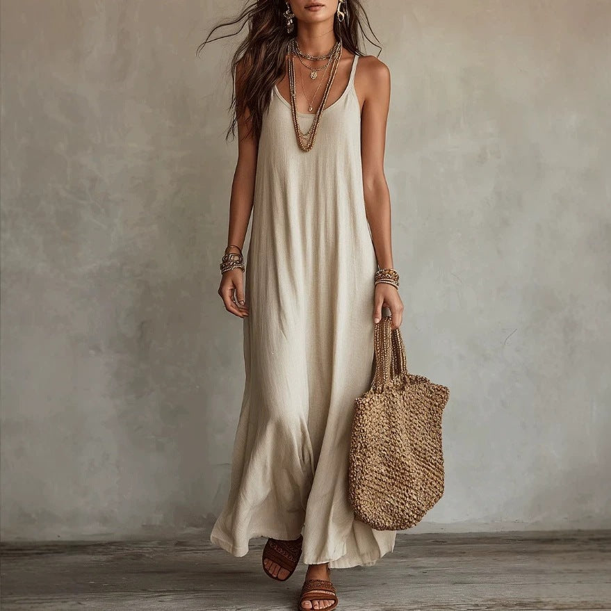 Beige sleeveless boho loose-fit maxi dress with V neckline and flowing skirt