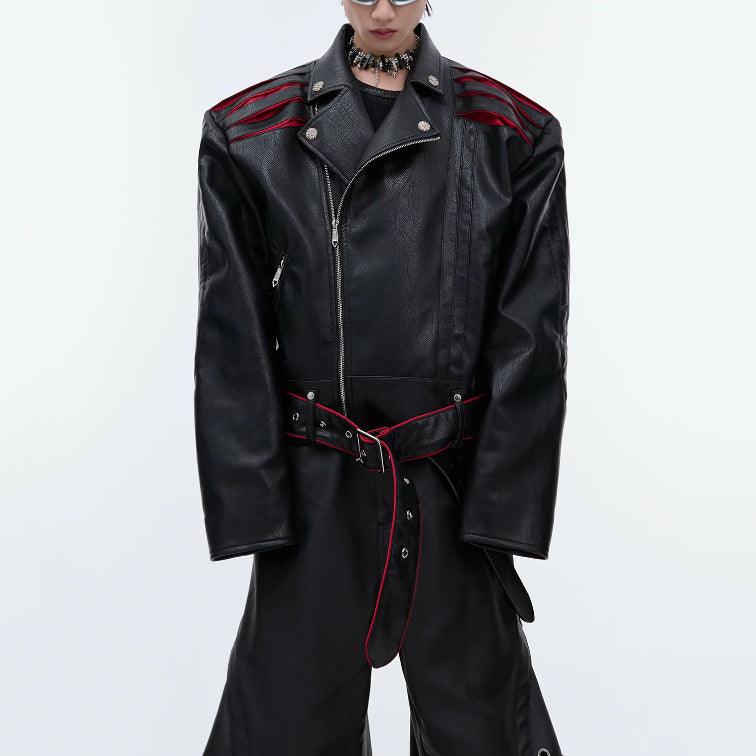 Backbone Pleated Design Sense Short Leather Jacket - WOMONA.COM