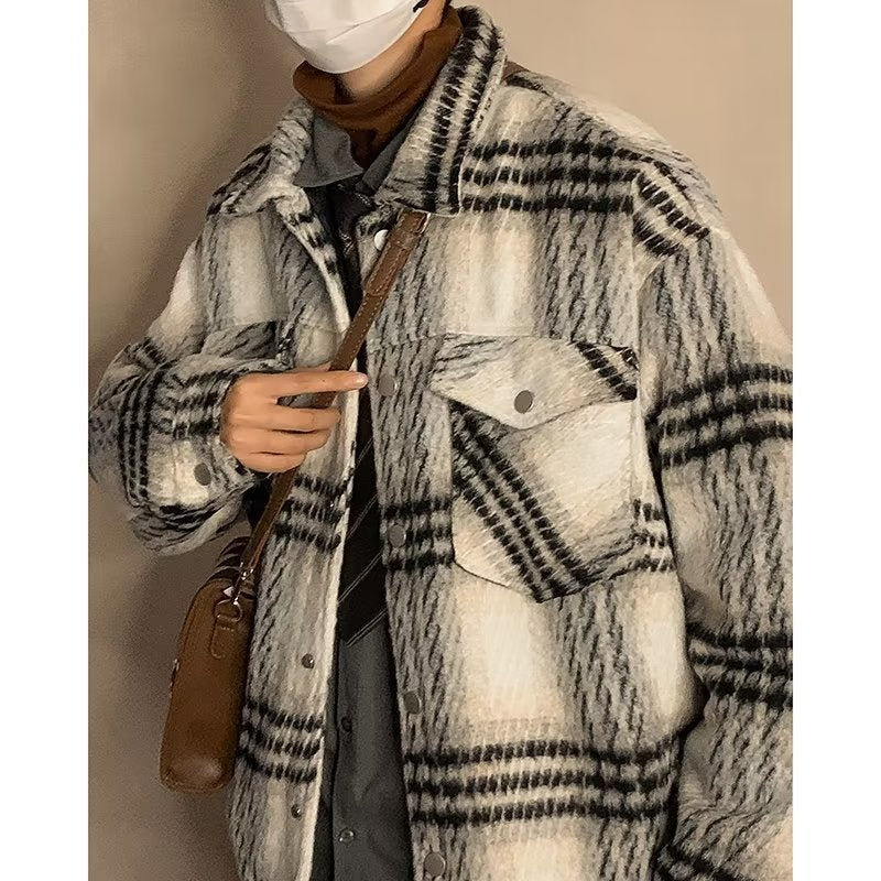 Simple Woolen Men's And Women's Loose Shirt Plaid Coat