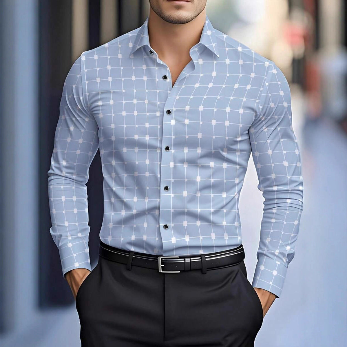 Men's long-sleeve dress shirt, light blue with white check grid pattern and buttons