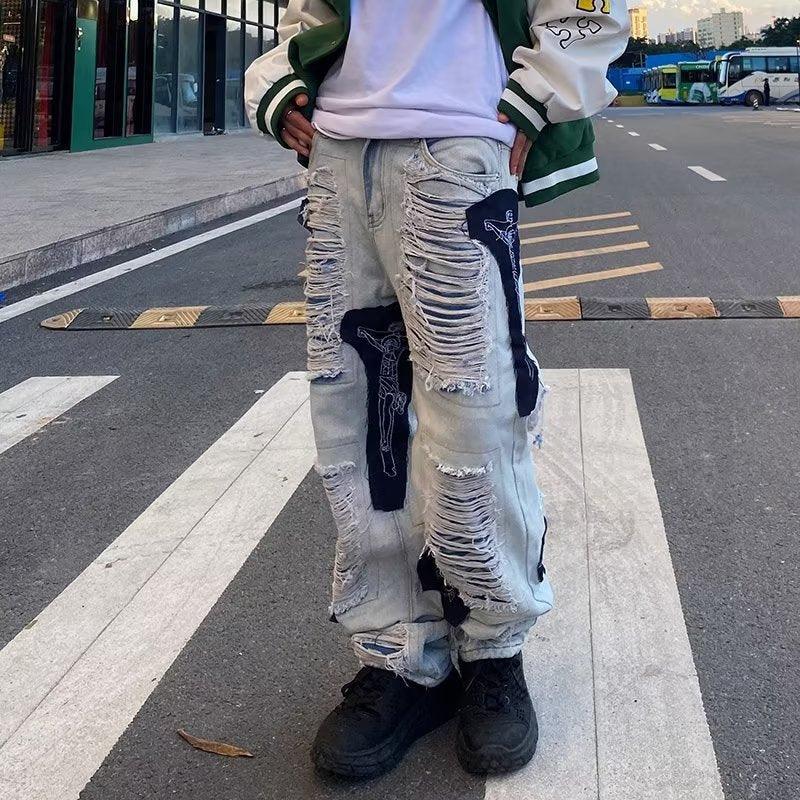 Fashion Ripped Pants Men Worn-out Wide-leg Trousers - WOMONA.COM