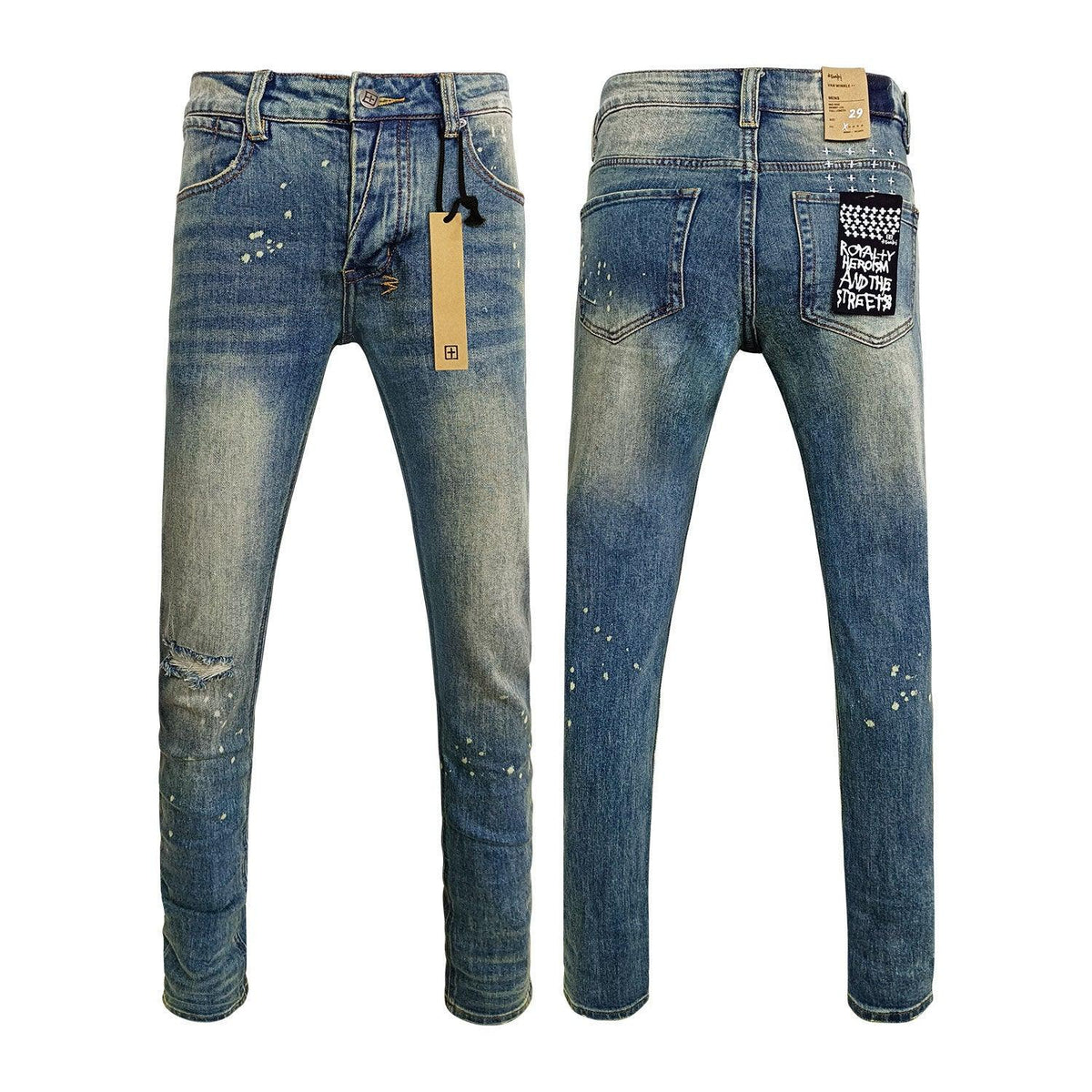Men's light blue ripped stretch jeans with splatter paint specks and distressed areas