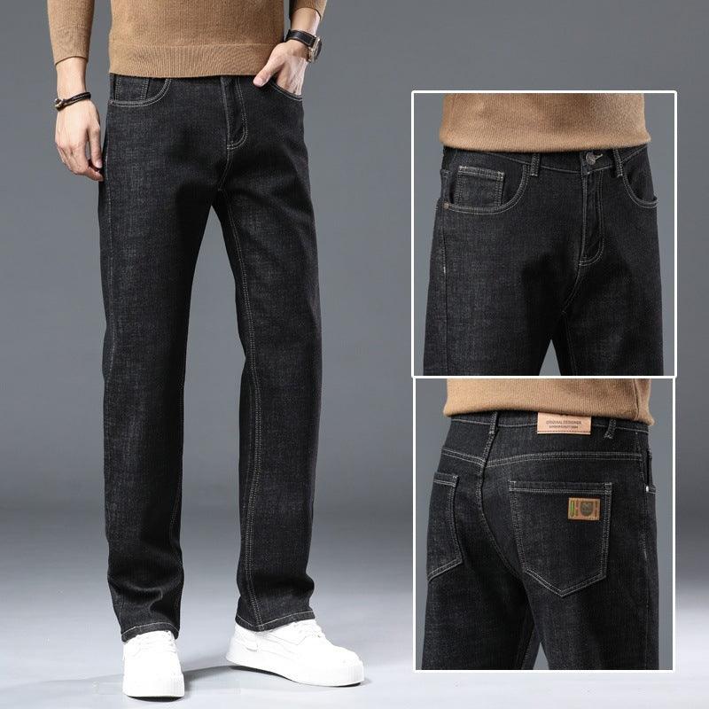 Men's winter fleece-lined thick jeans, black-gray denim straight fit with label close-up