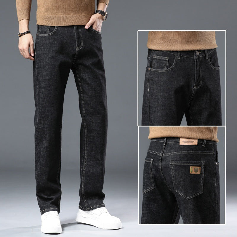 Pantalones vaqueros gruesos con forro polar de invierno para hombre, pantalones casuales rectos y sueltos de talla grande