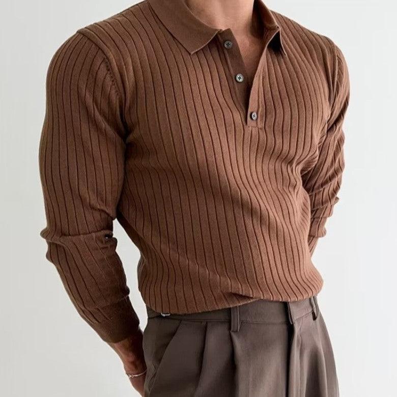 Men's brown ribbed knit polo sweater with collar and button placket