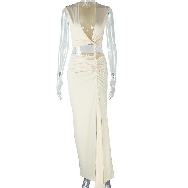 Womens ivory sleeveless maxi dress on mannequin with V-neck and side slit