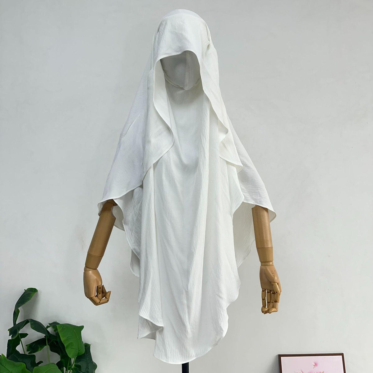 Women’s polyester scarf shawl, white hooded wrap with layered draped panels