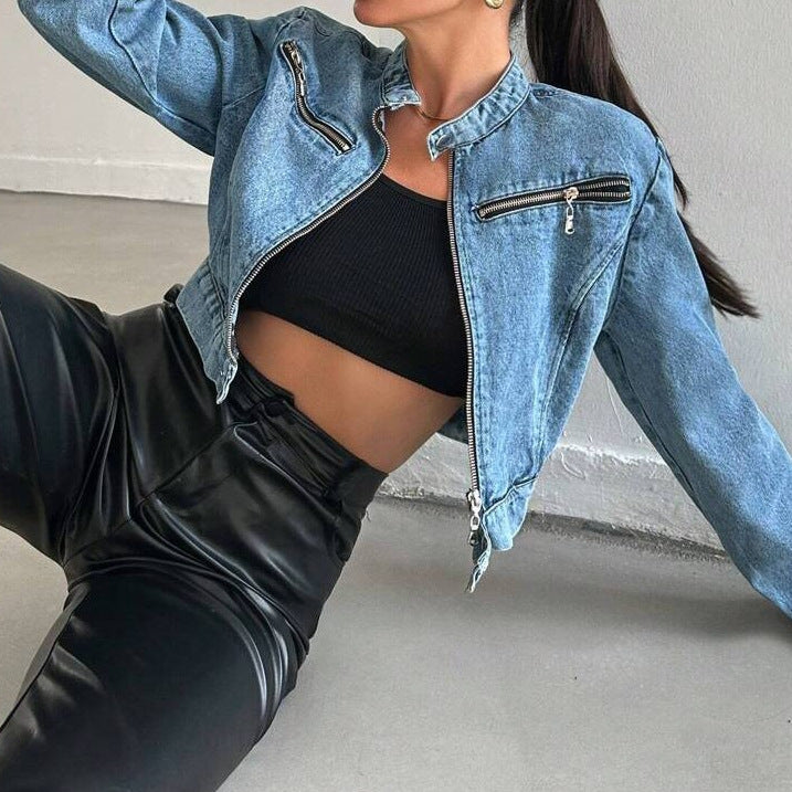 Women's Cropped Denim Moto Jacket - alternate product view 3