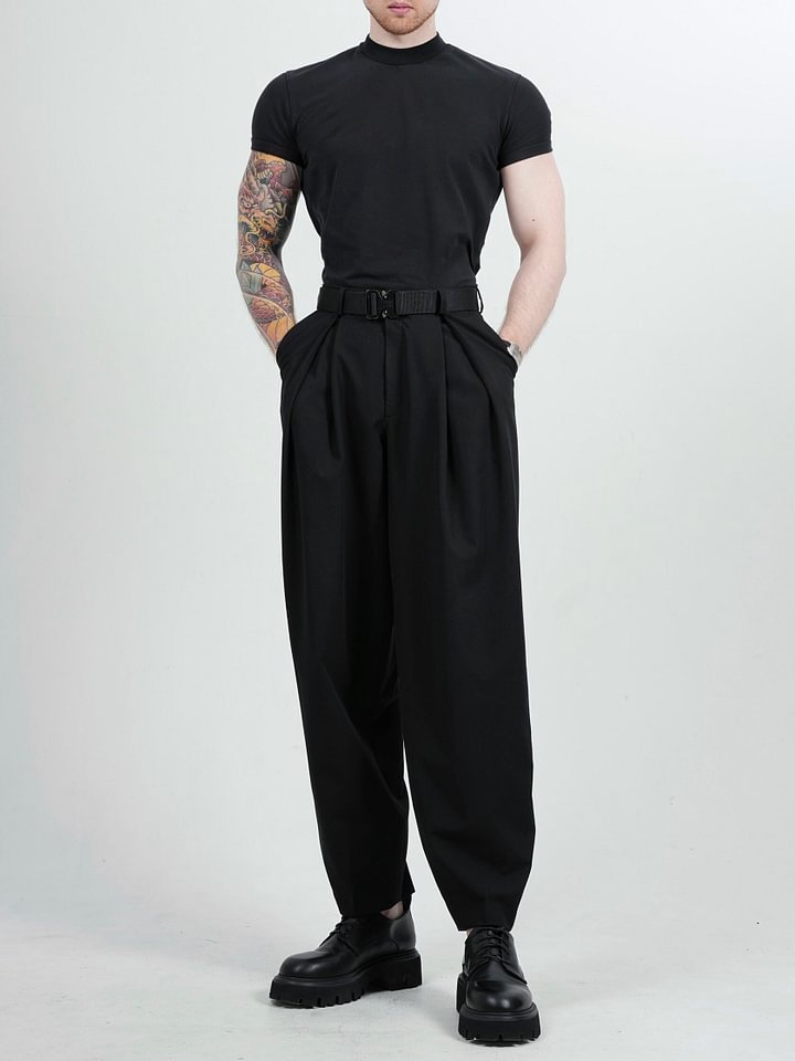 Black high-waist pleated wide-leg trousers with belt and loose drape
