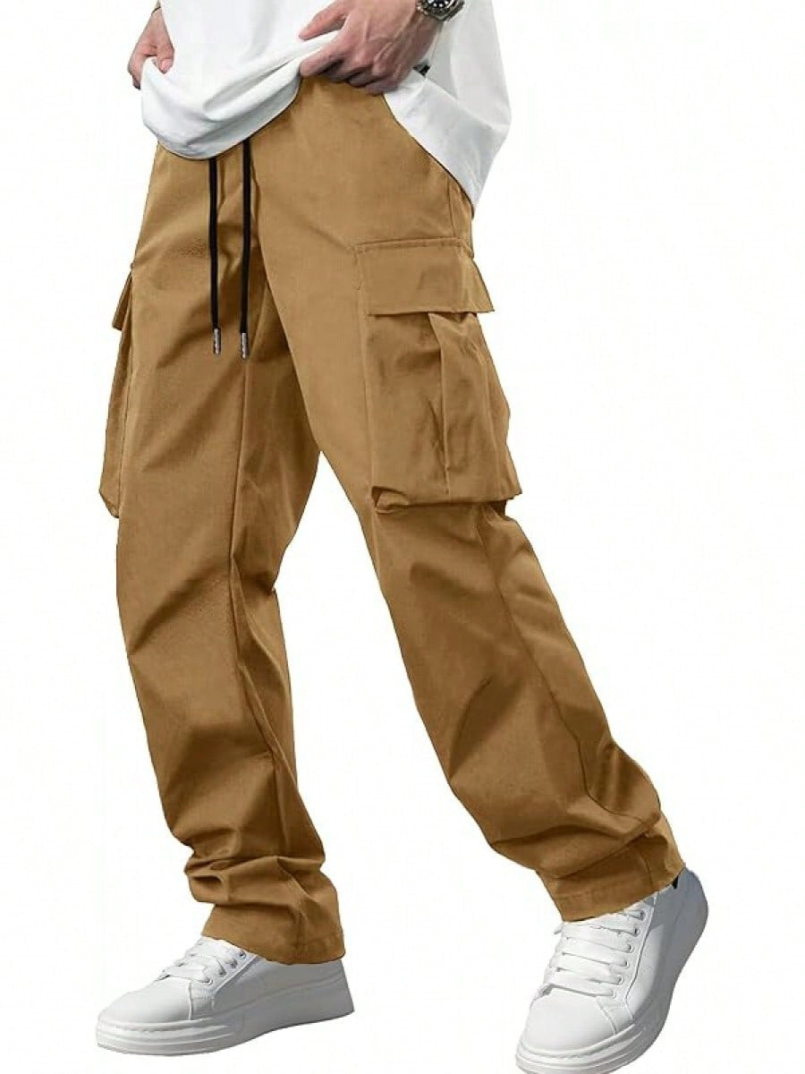 Men's tan cargo pants with drawstring waist and side flap cargo pockets, relaxed jogger fit