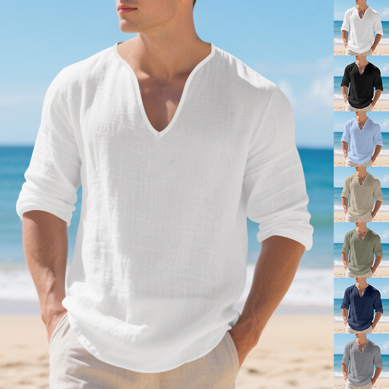 Men's linen V-neck long-sleeve shirt, loose fit, white