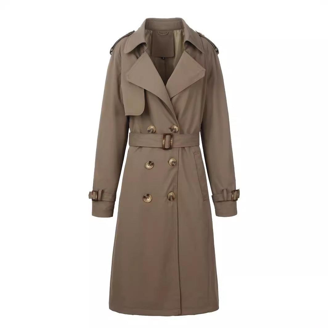 Camel double-breasted trench-style windbreaker with belt and gold-tone buttons, long sleeves