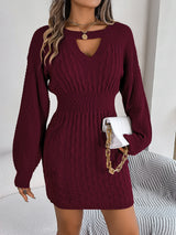 Lantern Sleeve Package Hip Sweater Dress - WOMONA.COM