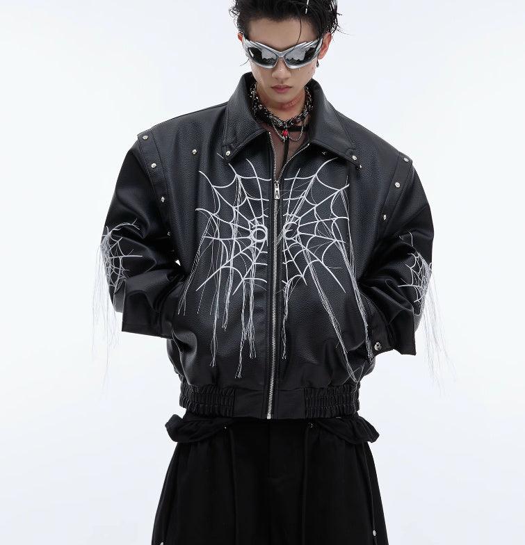 Niche Spider Web Tassel Design Motorcycle Leather Coat - WOMONA.COM