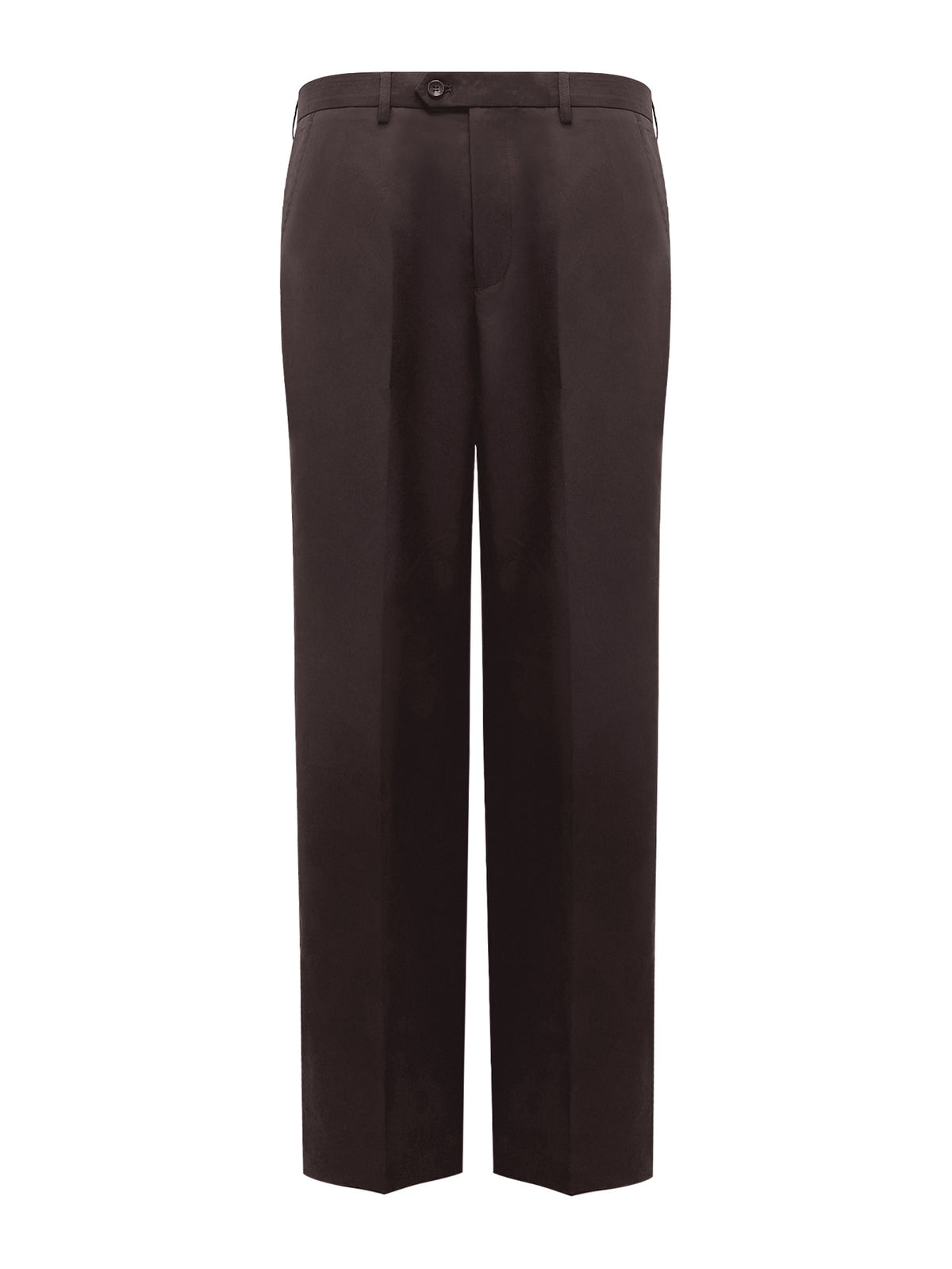 Men's dark brown dress trousers, full front view with belt loops and crease