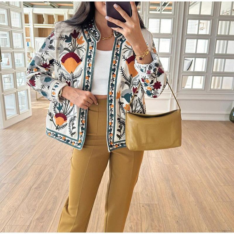 Floral print long-sleeve jacket coat with embroidered trim and zip-front, front view