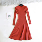 Round Neck Knitted Long Sleeve A- Line Dress Winter Warm Skirt - WOMONA.COM