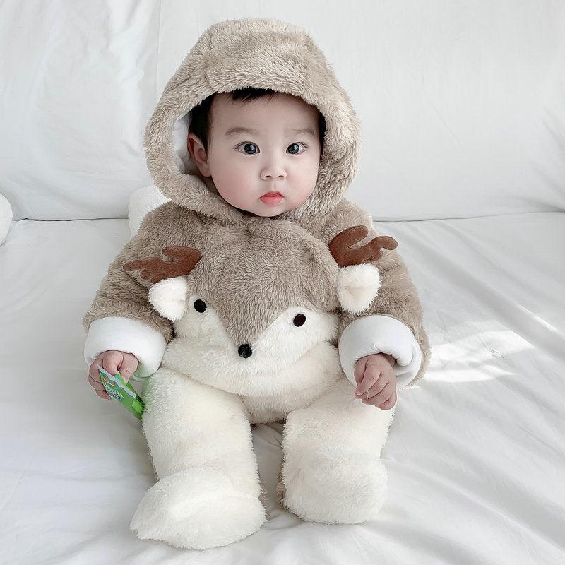 Khaki plush hooded baby onesie with bear-face applique and footed legs