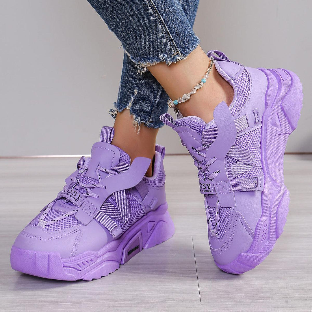 Purple women's platform mesh dad shoes with lace-up straps and chunky sole