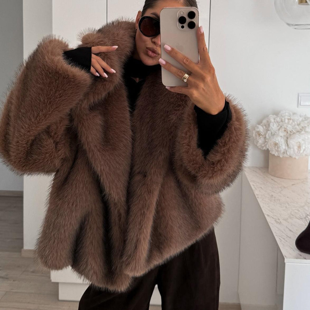 Brown plush faux-fur coat with wide shawl collar and long sleeves