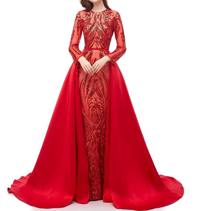 Women's Long-sleeved Trailing Evening Dress - WOMONA.COM