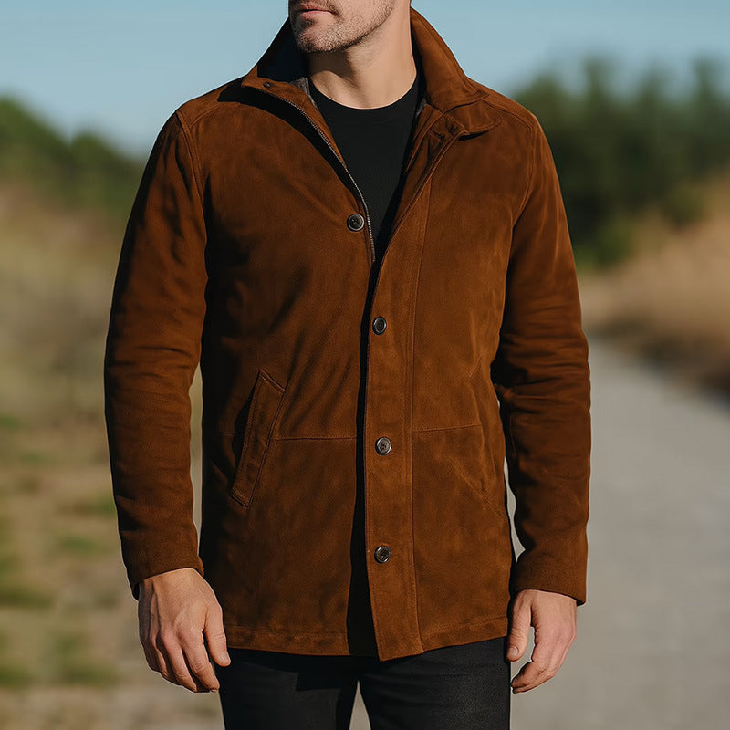 Men's suede single-breasted lapel jacket, dark brown with button front and chest pocket.