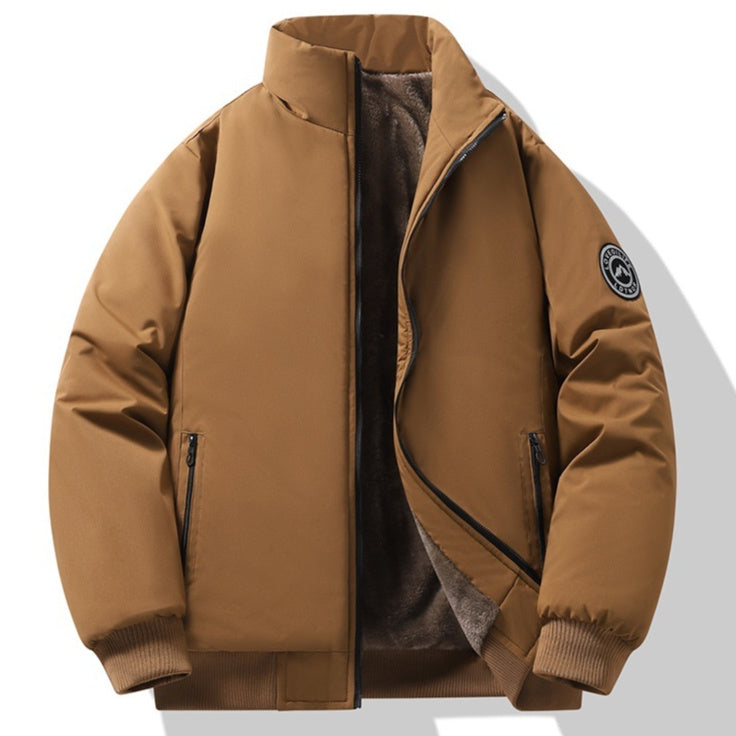 Khaki padded cotton coat with fleece lining, full-zip front, ribbed cuffs
