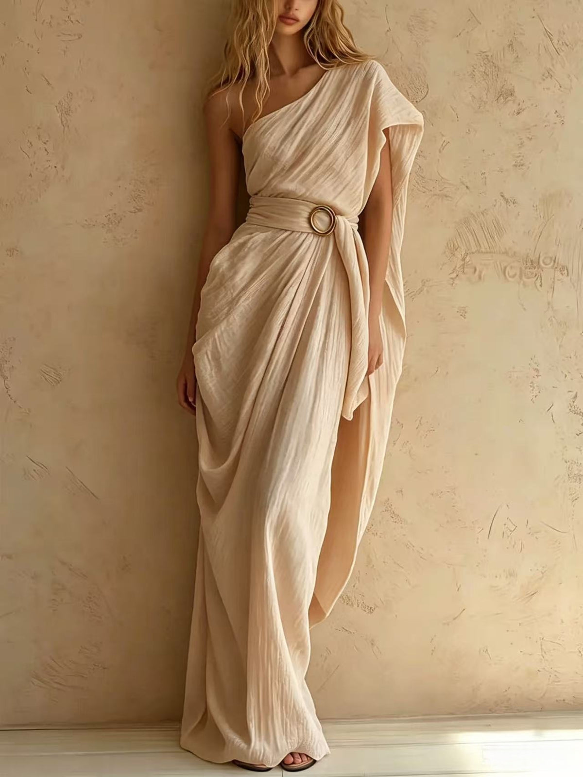 Light beige one-shoulder cotton-linen dress with ring-belt waist and asymmetrical hem