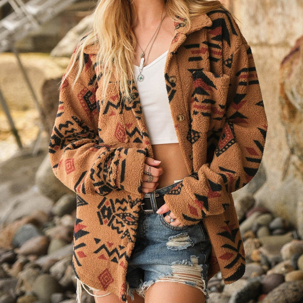 Women's Retro Plush Lapel Long-sleeved Jacket - WOMONA.COM