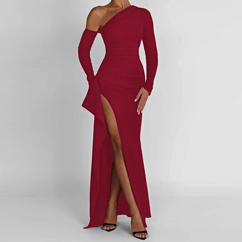 Sexy Waist Trimming Split Sloping Shoulder Dress - WOMONA.COM