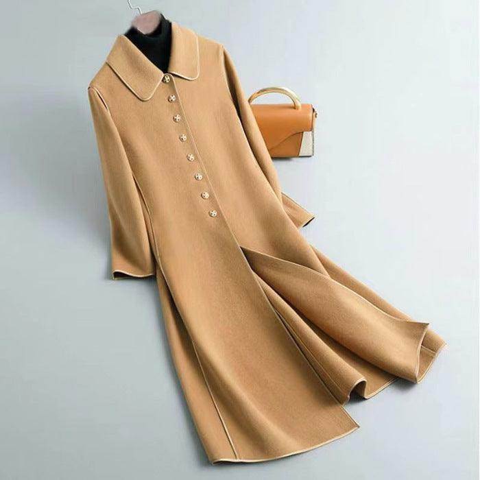 Women's long below-knee coat, camel with button front and notched collar