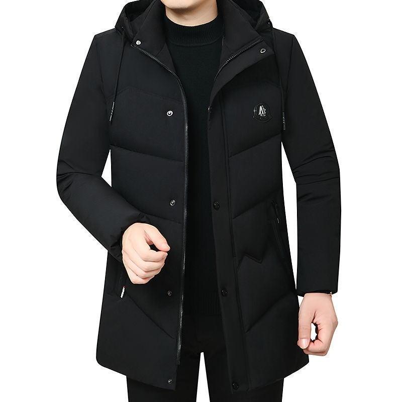 Men's black hooded winter coat with standing collar and chest emblem patch
